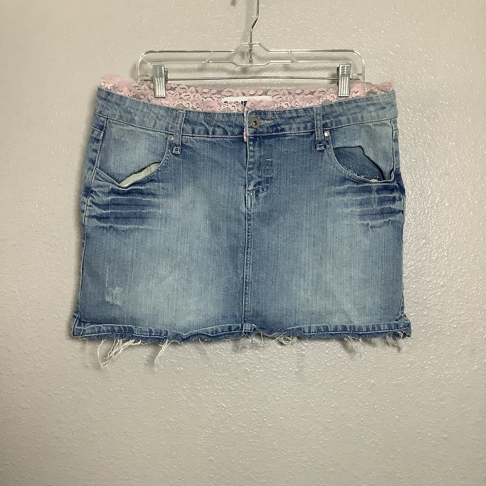 Deb Jeans Vintage Y2K Denim‎ Pink Lace Trim Coquette Feminine Mini Skirt Sz 16